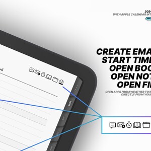 Puede incluir: Un planificador digital en blanco y negro con una pantalla azul que muestra un calendario con la fecha "4 de abril". La pantalla tambi&eacute;n muestra iconos para correo electr&oacute;nico, temporizador, libro, notas y archivos. El texto "CREATE EMAILS START TIMERS OPEN BOOKS OPEN NOTES OPEN FILES" se muestra en texto negro sobre un fondo blanco. El texto "OPEN APPS FROM WEATHER TO REMINDERS DIRECTLY FROM YOUR PLANNER" se muestra en texto negro m&aacute;s peque&ntilde;o sobre un fondo blanco.