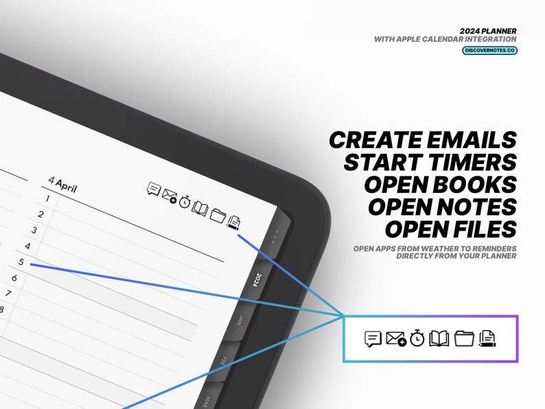 Puede incluir: Un planificador digital en blanco y negro con una pantalla azul que muestra un calendario con la fecha "4 de abril". La pantalla tambi&eacute;n muestra iconos para correo electr&oacute;nico, temporizador, libro, notas y archivos. El texto "CREATE EMAILS START TIMERS OPEN BOOKS OPEN NOTES OPEN FILES" se muestra en texto negro sobre un fondo blanco. El texto "OPEN APPS FROM WEATHER TO REMINDERS DIRECTLY FROM YOUR PLANNER" se muestra en texto negro m&aacute;s peque&ntilde;o sobre un fondo blanco.