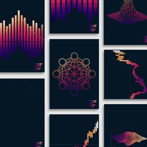 Può includere: Una collezione di visualizzazioni di dati astratte con varie forme geometriche e motivi in ​​sfumature di rosa, viola e arancione su uno sfondo blu scuro.