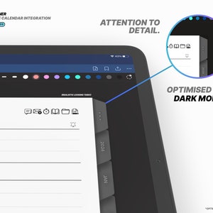 Puede incluir: Una aplicaci&oacute;n de planificaci&oacute;n digital en la pantalla de una tableta con una interfaz en modo oscuro. La aplicaci&oacute;n incluye un calendario, notas y una lista de tareas. La aplicaci&oacute;n est&aacute; optimizada para su uso con Apple Calendar.