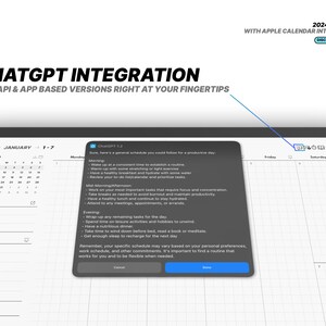 Puede incluir: Una aplicaci&oacute;n de planificaci&oacute;n digital con una interfaz de calendario y una ventana emergente que muestra un ejemplo de horario diario generado por ChatGPT. El texto de la ventana emergente dice "ChatGPT 1.2 Claro, aqu&iacute; tienes un horario general que podr&iacute;as seguir para un d&iacute;a productivo..." La aplicaci&oacute;n se titula "2024 Planner with Apple Calendar Integration" y el sitio web discovernotes.co se muestra en la esquina superior derecha.