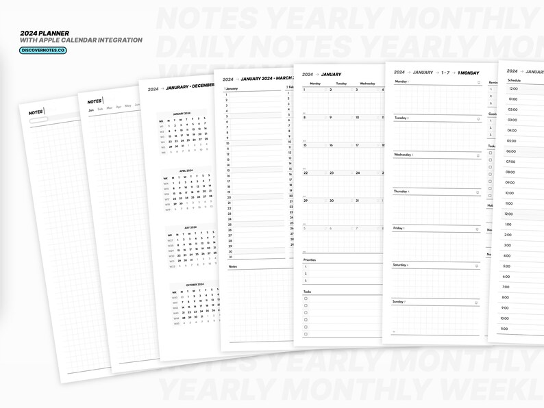 Puede incluir: Un planificador blanco y negro con un patr&oacute;n de cuadr&iacute;cula. El planificador incluye p&aacute;ginas para notas, notas diarias, calendarios anuales, calendarios mensuales y calendarios semanales. El planificador est&aacute; dise&ntilde;ado para su uso con Apple Calendar.