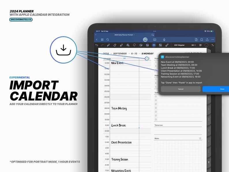 Puede incluir: Una captura de pantalla de una aplicaci&oacute;n de agenda digital en una tableta. La aplicaci&oacute;n est&aacute; abierta a una vista de agenda diaria para el 9 de septiembre de 2023. La aplicaci&oacute;n tiene una funci&oacute;n para importar eventos desde un calendario. El texto en la pantalla dice "Nuevo evento el 03/09/2023, 00:00", "Reuni&oacute;n de equipo el 09/09/2023, 08:00", "Pausa para el almuerzo el 09/09/2023, 11:00", "Presentaci&oacute;n del cliente el 09/09/2023, 14:00", "Sesi&oacute;n de capacitaci&oacute;n el 09/09/2023, 17:00", "Evento de redes el 09/09/2023, 19:00".