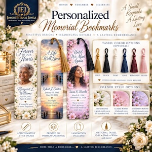 May include: Three personalised memorial bookmarks with photos and text, including 'Forever in our Hearts', 'A Life Well Lived', and 'Until We Meet Again'. Features include tassel colour options, corner style choices, and dimensions of 5.08 x 16.51 cm.