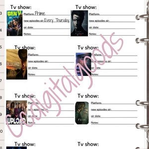 Könnte beinhalten: Eine weiße Planerseite mit der Überschrift TV SHOW TRACKER und einem kleinen Fernseher-Symbol. Das Layout enthält acht Abschnitte zur Verfolgung von Fernsehsendungen, mit Feldern für Plattform, Ausstrahlungsdatum und Notizen.
