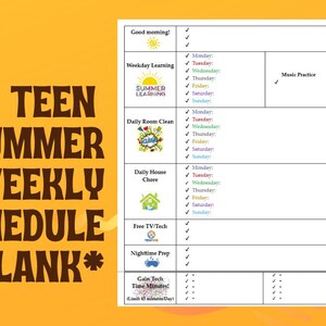 以下が含まれることがあります： 黄色い背景に、空白のティーンサマーウィークリースケジュール。スケジュールには、平日の学習、毎日の部屋の掃除、毎日の家事、無料のテレビ/テクノロジー、夜の準備、テクノロジー時間の獲得などのセクションが含まれています。