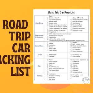 May include: A road trip car packing list on a white background with a yellow and orange background. The list includes sections for cleaning, entertainment, comfort items, and more. The words "Road Trip Car Packing List" are in large, brown, block letters.