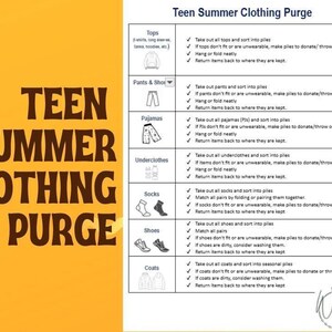 Puede incluir: Imagen con el texto "Teen Summer Clothing Purge" en letras marrones grandes. Una lista de verificación detalla los pasos para clasificar la ropa, incluyendo tops, pantalones, pijamas, ropa interior, calcetines, zapatos y abrigos. Fondo amarillo y naranja.