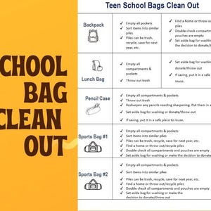 Puede incluir: Infografía "Limpieza de mochilas escolares para adolescentes" sobre fondo amarillo. Enumera pasos para limpiar mochilas, loncheras, estuches y bolsas deportivas. El texto incluye "Limpieza de mochilas escolares".