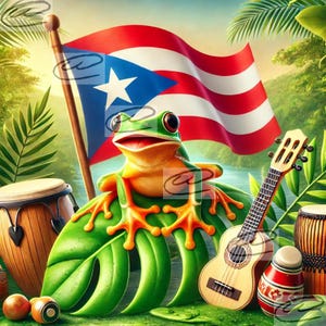 May include: A green frog sits on a large green leaf with a red, white, and blue Puerto Rican flag behind it. A brown ukulele and two brown drums are in the foreground.
