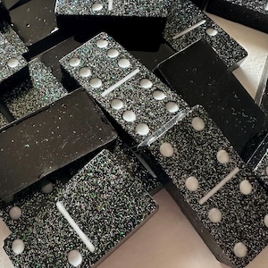 Handmade Black Glitter Dominoes Set - Sparkling Resin Game Night Gift