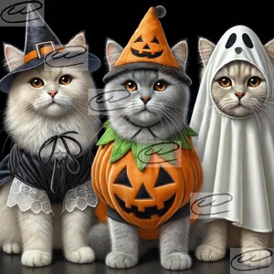 Adorable Halloween Cats Digital Art – Trio of Cats in Witch, Pumpkin, and Ghost Costumes- Sublimation Wraps