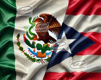 May include: The Mexican flag and the Puerto Rican flag are draped together, creating a diagonal split. The Mexican flag features a green, white, and red color scheme with a coat of arms depicting an eagle perched on a cactus with a snake in its beak. The Puerto Rican flag is red, white, and blue with a single white star in the blue triangle.