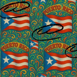 May include: A vibrant pattern featuring the Puerto Rican flag repeated across the design. The flag's blue triangle with a white star and red and white stripes is set against a teal background with ornate swirls and the text "Puerto Rico".