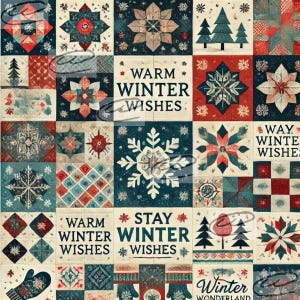 Op de afbeelding: Een patchwork quiltontwerp met een winterthema. De quilt heeft sneeuwvlokken, bomen en de tekst "Warm Winter Wishes", "Stay Winter Wishes" en "Winter Wonderland".