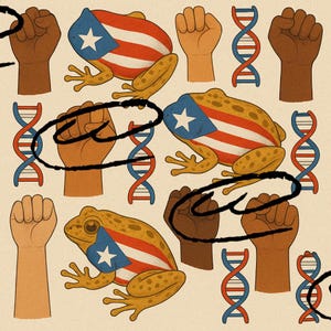 Puede incluir: Ilustración con un patrón repetido de puños, hebras de ADN y ranas. Las ranas son de color canela con una estrella azul y blanca en su costado y rayas rojas y blancas en su espalda. Los puños son de varios tonos de piel.