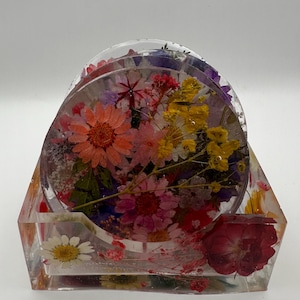 Handmade Clear Resin Coasters with Dried Colorful Flowers and Holder