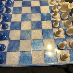 Handcrafted Resin Chess Board and Pieces - Blue and White Marbled Design