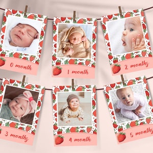 Bannière d'étape pour le premier anniversaire de ma baie, 1er anniversaire, décoration de fête à thème modifiable aux fraises, modèle mensuel de carte photo pour bébé fille BF2