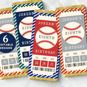 Baseball Ticket Party Favor für Geburtstag oder Saisonende Party, bearbeitbarer Candy Bar Wrapper für Eventdekoration oder Dankeschön Geschenk