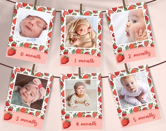 My Berry First Birthday Milestone Banner, Editable 1st Birthday Strawberry Theme Party Decoration, Baby Girl Monthly Photo Card Template BF2