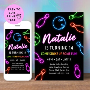 Bowling Invitation For Girls, Neon Glow 14th Birthday Bowling Party Invite For Teen, Editable Template, Digital & 4x6 5x7 Printable XB1