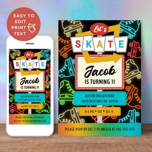 Puede incluir: Una invitación colorida para una fiesta de cumpleaños de patinaje sobre ruedas. La invitación presenta un letrero de neón que dice "Let's Skate" con el nombre del niño de cumpleaños, Jacob, y su edad, 11, debajo. El fondo es negro con patines de ruedas de neón verde, azul y rojo.
