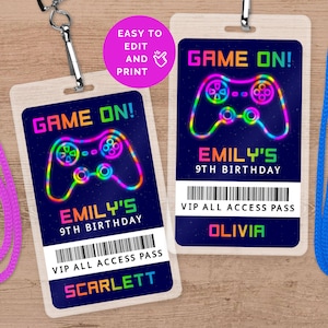 VIP-Abzeichen-Vorlage für Mädchen-Videospiel-Geburtstagsparty, Neon Glow Tie Dye All Access Pass für Game Truck oder Arcade, bearbeitbarer Download TDG