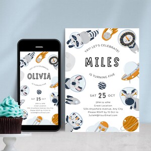 Printable Sci-Fi Space Theme Party Invite, Downloadable Animal Astronauts Canva Template for 5th Birthday Invitation Boy or Girl SP03