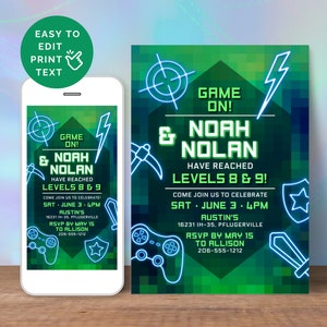 Gamer-Geburtstagseinladungskarten für Zwillinge oder Geschwister, Neon Glow Game On Level Up-Einladung für Game Truck oder Arcade, digital und druckbar VB1