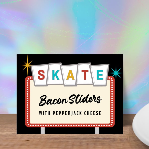 Skate Party Decorations, Retro Birthday Buffet Card Food Tent Digital Download, Editable Printable Food Label Sign For Dessert Bar SK8a