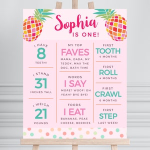 Enseigne de décoration de fête du premier anniversaire Luau, modèle d'étape importante modifiable ananas bébé thème tropical hawaïen pour fille, téléchargement immédiat LP3