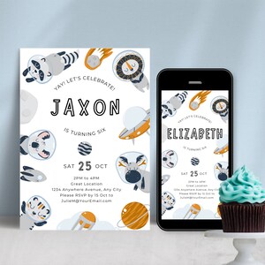 May include: Two printable birthday party invitations with a space theme. The invitations feature a white background with colorful illustrations of animals in spacesuits, planets, and rockets. The text on the invitations reads "Yay! Let's Celebrate!" and includes the names "Jaxon" and "Elizabeth", along with the date and time of the party.
