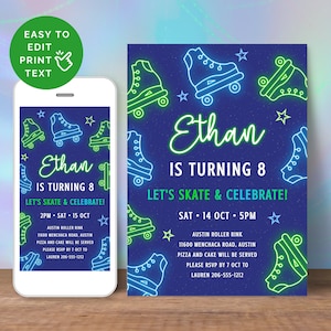 Puede incluir: Invitación a una fiesta de cumpleaños de patines con patines de neón verde y azul sobre un fondo azul oscuro y estrellas. La invitación dice "Ethan cumple 8 años" y "¡Vamos a patinar y celebrar!" con la fecha y la hora de la fiesta.