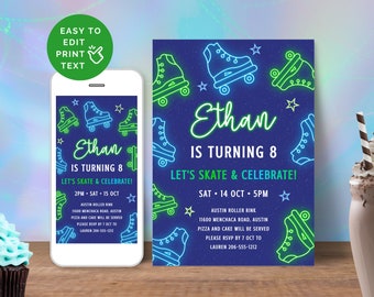Puede incluir: Invitación a una fiesta de cumpleaños de patines con patines de neón verde y azul sobre un fondo azul oscuro y estrellas. La invitación dice "Ethan cumple 8 años" y "¡Vamos a patinar y celebrar!" con la fecha y la hora de la fiesta.