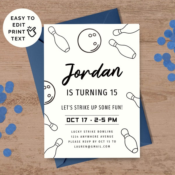 Minimalistic Invitation For Bowling Birthday Party, Simple Black and White Invite For Any Age, Editable Template, Digital + Printable MBW