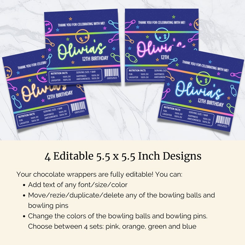 Bowling Party Favors Printable Neon Glow Birthday Chocolate - Etsy