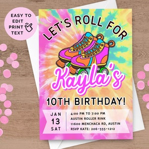 Skate Invitation Template For 10th Birthday Party, Editable Tie Dye Neon Roller Skating Invite For 10 Year Old Girl, Digital & Printable SK6