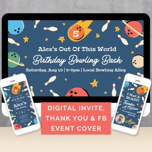 Modèle de couverture d'événement Facebook d'anniversaire pour le bowling, invitation numérique de fête d'arcade sur le thème de l'espace animé et carte électronique de remerciement garçon ou fille SB1
