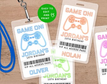 May include: Clear plastic VIP passes with a gaming theme. Each pass features a neon-style game controller graphic and the text "GAME ON!" and "JORDAN'S 10TH BIRTHDAY". Includes a blue lanyard.