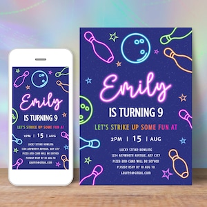 Bowling Birthday Invitation Digital & 5x7 + 4x6 Printable, Editable Neon Glow Children&#39;s Bowling Party Invite Template For 9th Birthday NB1