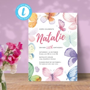 Butterfly and Flowers Invitation for 12th Birthday Party, Girl Butterfiles Invite Canva Template, Digital & Printable, Instant Download, BF1