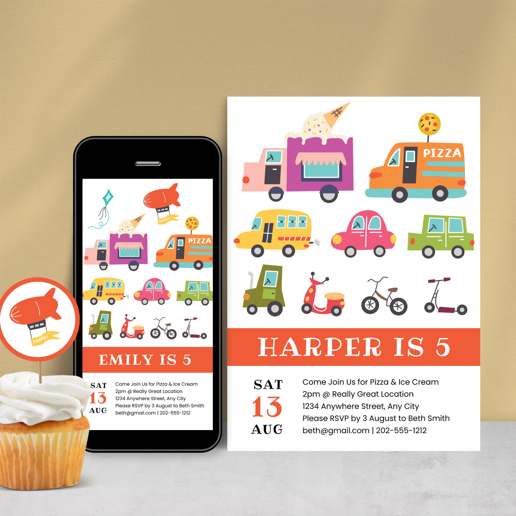 Cars Theme Birthday Party Printable Invitation Canva Template For Boy or Girl Digital Pizza Ice Cream Party Invite For 5th