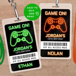 Modèle de badge VIP pour fête d'anniversaire de jeu vidéo garçon, pass accès accessible modifiable imprimable pour camion de jeu ou salle d'arcade, téléchargement numérique GM1