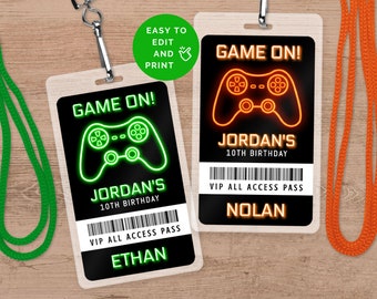 May include: Two printable 'Game On!' birthday party badges featuring neon green and orange game controllers. The badges have a black background with white text that reads 'Game On!' and 'VIP All Access Pass'. The text 'Jordan's 10th Birthday' is also included on each badge. One badge has the name 'Ethan' printed on it and the other has the name 'Nolan' printed on it.