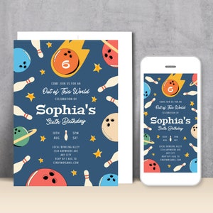 Invitation de fête d'anniversaire de bowling numérique + imprimable, modèle de canva d'invitation d'anniversaire de l'espace téléchargeable pour garçon ou fille de 6 ans SB1