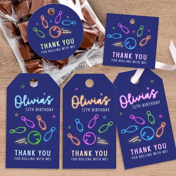 Bowling Birthday Tags For Girl, Neon Glow Bowling Party Thank You Tags Or Favor Stickers For Kids & Teens, Editable Printable Download NB1