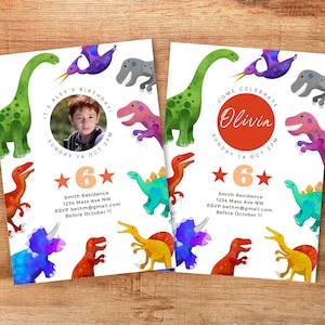 Dinosaur birthday invitation 6 with photo for boy or girl, printable or electronic, editable canva template digital download , DinoD Age6