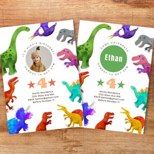 Dinosaur Birthday Invitation with Photo for Boy or Girl, Printable or Electronic, Editable Canva Template Digital Download, DinoD Age4