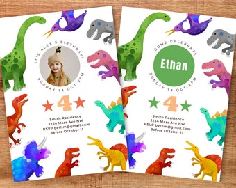 May include: Two dinosaur-themed birthday party invitations. One features a photo of a child, the text "It's Alex's Birthday", and the number "4". The other says "Come Celebrate Ethan" and the number "4". Colorful dinosaur illustrations surround the text.